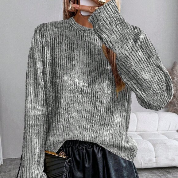 Silver Women's Casual Loose Fit Crew Neck Sweater with Foil Print - Picture 3 of 6